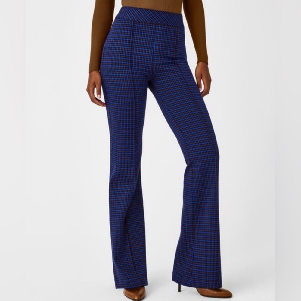 NWT SPANX Hi-Rise Flare Perfect Pant in Blue Brown Houndstooth Jacquard Size XL